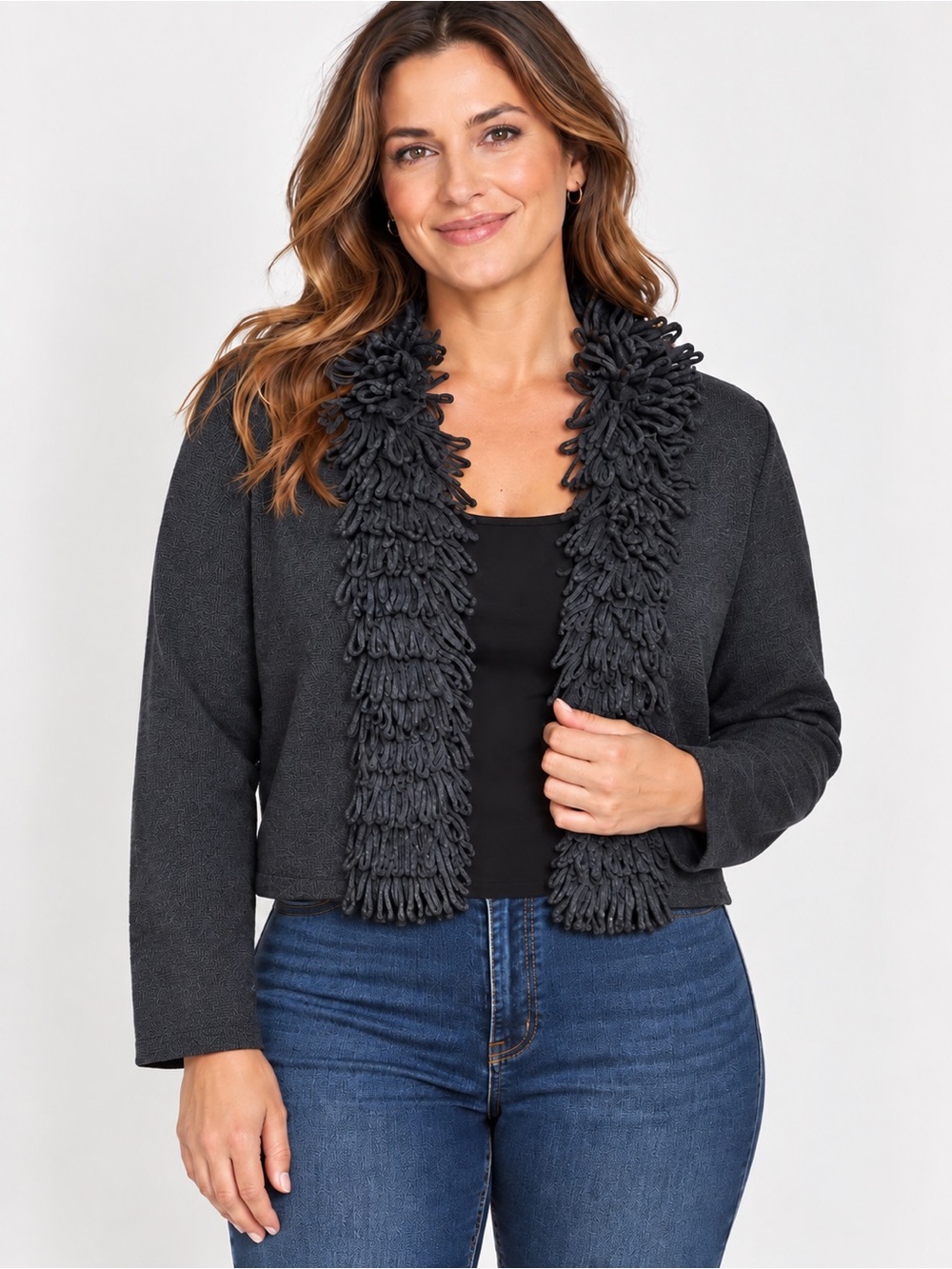 Calvin Klein Charcoal Gray  Fringe-Trim Sweater Shrug, size XL